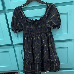 Navy Plaid Kids Dress with Puff Sleeves